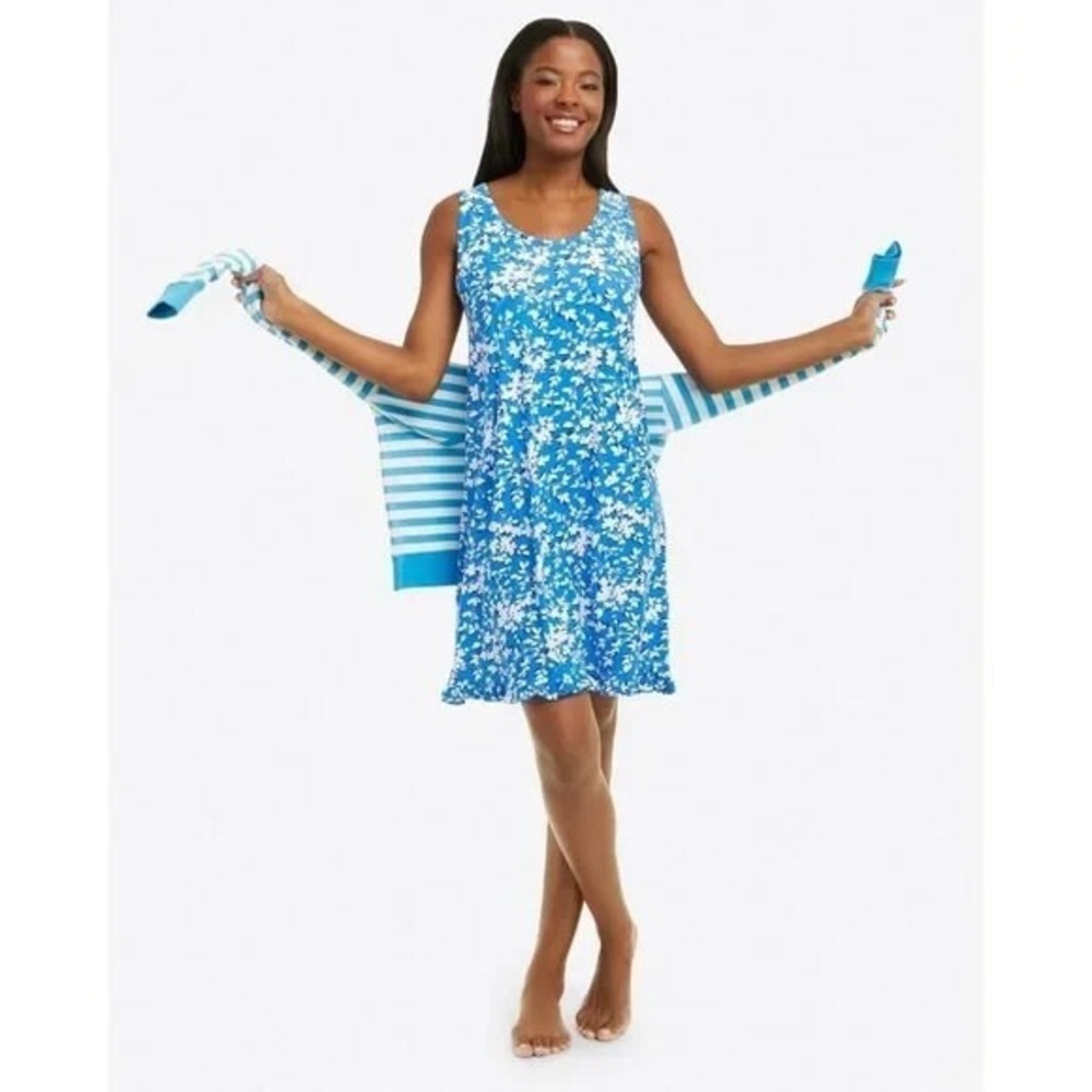 Draper James L/XL Blue White Floral Sleeveless Nightgown Ruffle Hem Dress